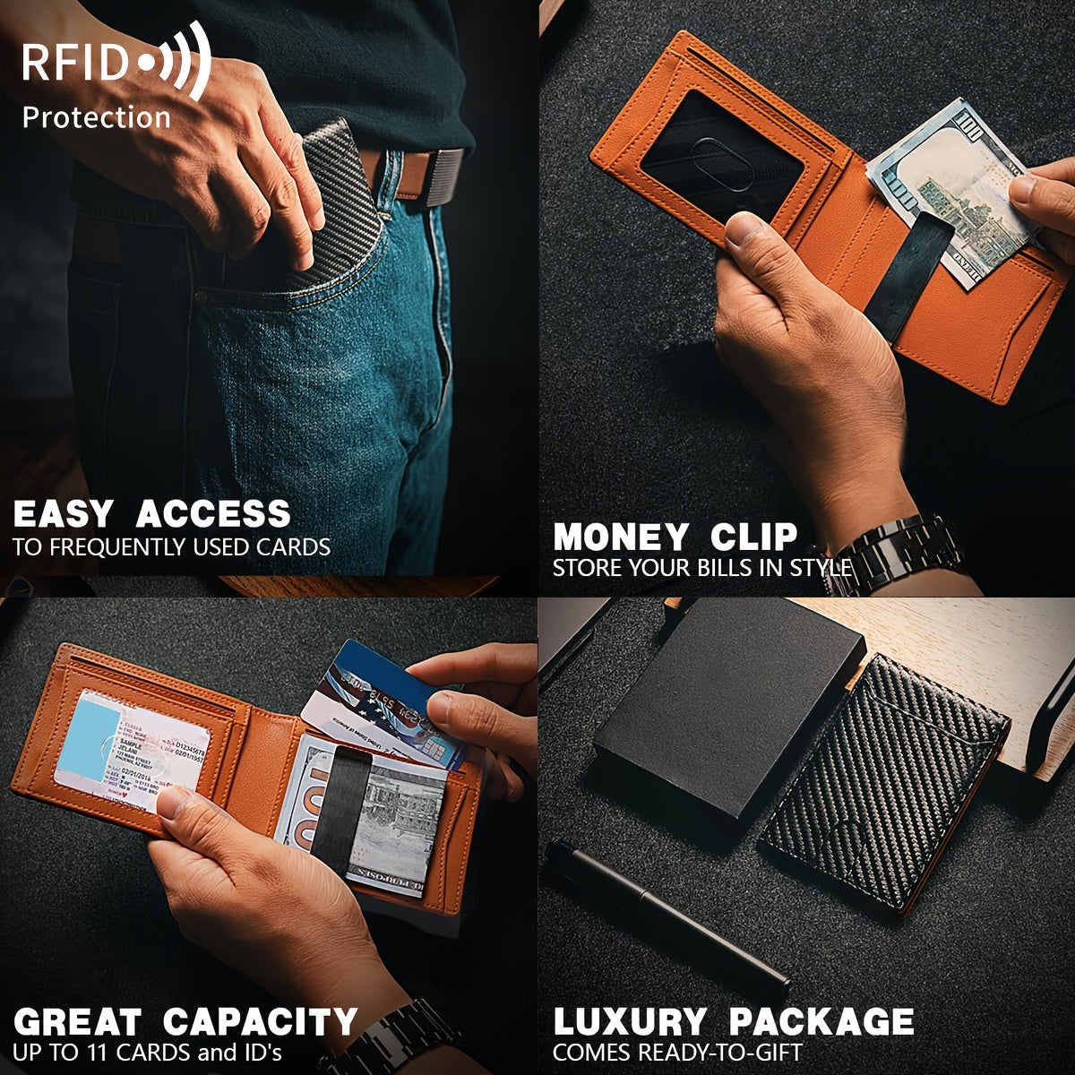 MIYIN RFID Blocking Carbon Fiber Wallet - Ultra-Slim Bi-Fold Credit Card Holder with ID Window, Portable Front Pocket Money Clip, Ideal Couple'S Gift, Minimalist Design, Synthetic Faux Leather Lining, Secure Closure Wallet | Minimalist Wallet | Textured Faux Leather Wallet