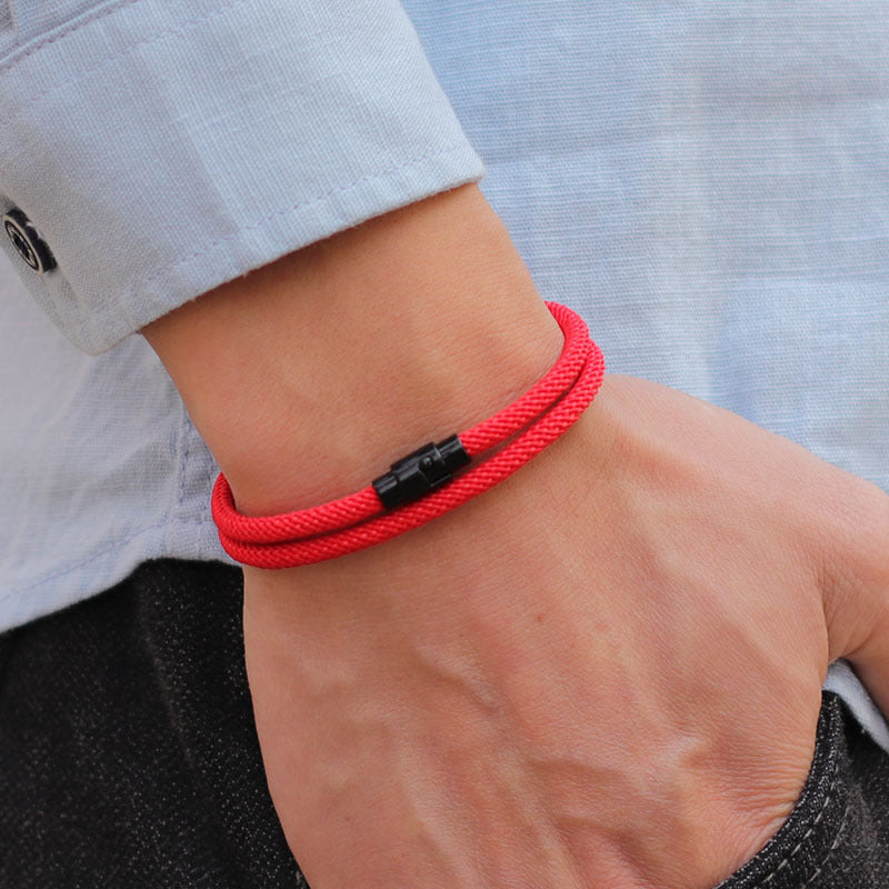 Noter Men's Minimalist Magnetic Nylon Cord Bracelet - Red & Black Casual Elastic Wristband for Casual Attire, Durable Comfortable Stylish Accessory