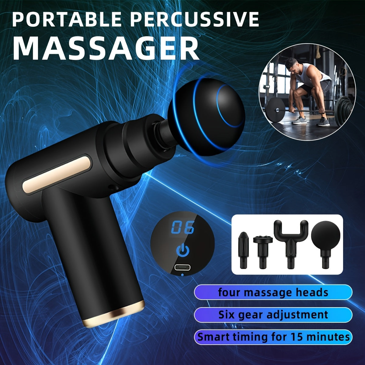 4-Head Interchangeable Massage Gun, 6 Adjustable Levels, LCD Display, Low Noise, USB Rechargeable, Perfect Holiday Gift!