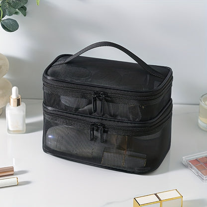 Double Layer Cosmetic Bag Toiletry Bag Travel Mesh Cosmetic Storage Bag Large Capacity Beauty Case Makeup Organizer With Handle