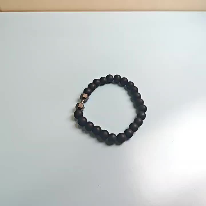 Men's Matte Black Obsidian Bead Bracelet - Heavy Duty Interlocking Link Design, -Free Sporty Black Stone Chain for Gym, Casual & Formal Wear - All-Season Durable Men's Jewelry for Strength & Elegance (No Coating, Natural Obsidian) - Ideal for Fitness & Everyday Use, Perfect for Sports & Holiday Themes, Year-Round Wear, Bold Statement Piece for Men