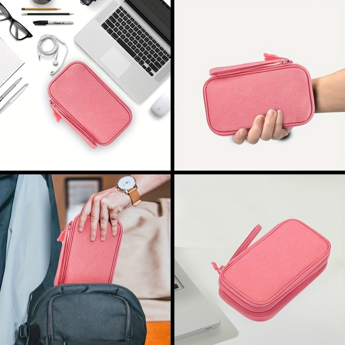 Packing Organizers, Three Colors Available Durable Polyester Portable Cable Organizer Bag - Compact Travel Tech Accessory Case with Multiple Compartments for Storing Cables, Chargers, and Small Items, Hand Wash or Dry Cleanable, Comes in Pink, Black