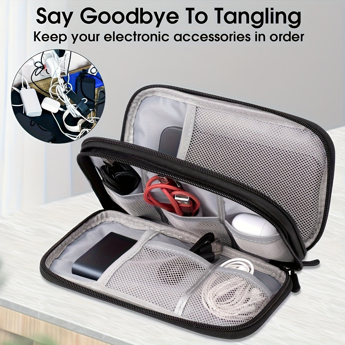 Packing Organizers, Three Colors Available Durable Polyester Portable Cable Organizer Bag - Compact Travel Tech Accessory Case with Multiple Compartments for Storing Cables, Chargers, and Small Items, Hand Wash or Dry Cleanable, Comes in Pink, Black