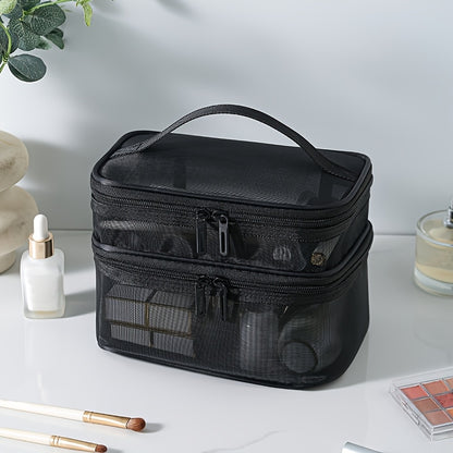 Double Layer Cosmetic Bag Toiletry Bag Travel Mesh Cosmetic Storage Bag Large Capacity Beauty Case Makeup Organizer With Handle