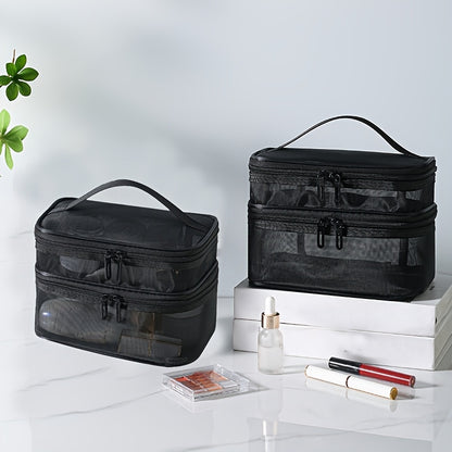 Double Layer Cosmetic Bag Toiletry Bag Travel Mesh Cosmetic Storage Bag Large Capacity Beauty Case Makeup Organizer With Handle