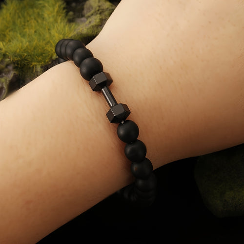 Men's Matte Black Obsidian Bead Bracelet - Heavy Duty Interlocking Link Design, -Free Sporty Black Stone Chain for Gym, Casual & Formal Wear - All-Season Durable Men's Jewelry for Strength & Elegance (No Coating, Natural Obsidian) - Ideal for Fitness & Everyday Use, Perfect for Sports & Holiday Themes, Year-Round Wear, Bold Statement Piece for Men