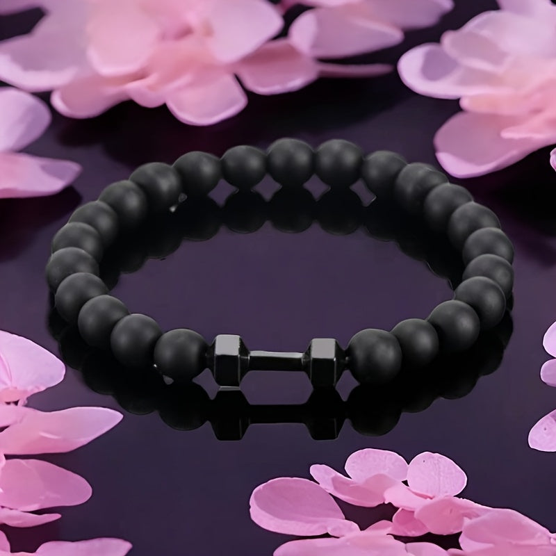 Men's Matte Black Obsidian Bead Bracelet - Heavy Duty Interlocking Link Design, -Free Sporty Black Stone Chain for Gym, Casual & Formal Wear - All-Season Durable Men's Jewelry for Strength & Elegance (No Coating, Natural Obsidian) - Ideal for Fitness & Everyday Use, Perfect for Sports & Holiday Themes, Year-Round Wear, Bold Statement Piece for Men
