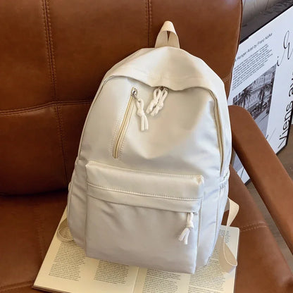 Minimalist Solid Color Laptop Backpack Women's Solid Nylon Bookbag Large Capacity Multi Pocket Adjustable Straps Campus Commute