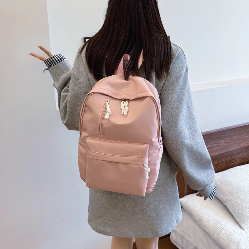Minimalist Solid Color Laptop Backpack Women's Solid Nylon Bookbag Large Capacity Multi Pocket Adjustable Straps Campus Commute