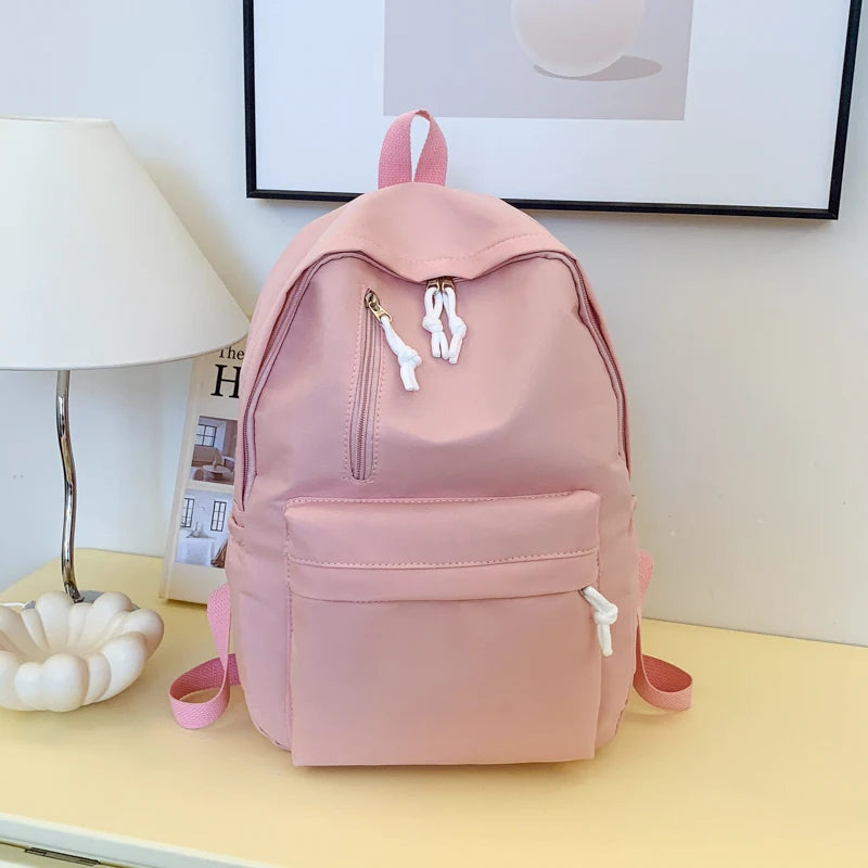 Minimalist Solid Color Laptop Backpack Women's Solid Nylon Bookbag Large Capacity Multi Pocket Adjustable Straps Campus Commute