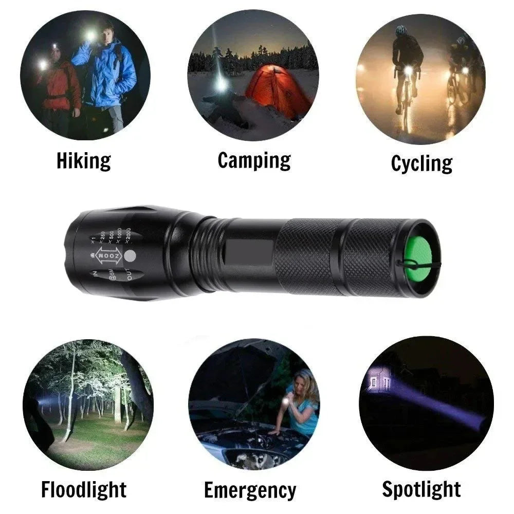 High Power T6 LED Flashlight Camping Torch 5 Light Modes Zoomable Waterproof Aluminum Alloy Body External 18650 Battery Included