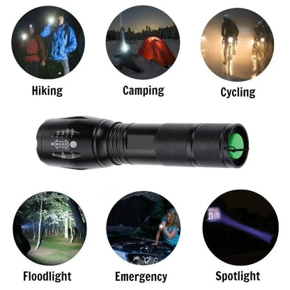 High Power T6 LED Flashlight Camping Torch 5 Light Modes Zoomable Waterproof Aluminum Alloy Body External 18650 Battery Included