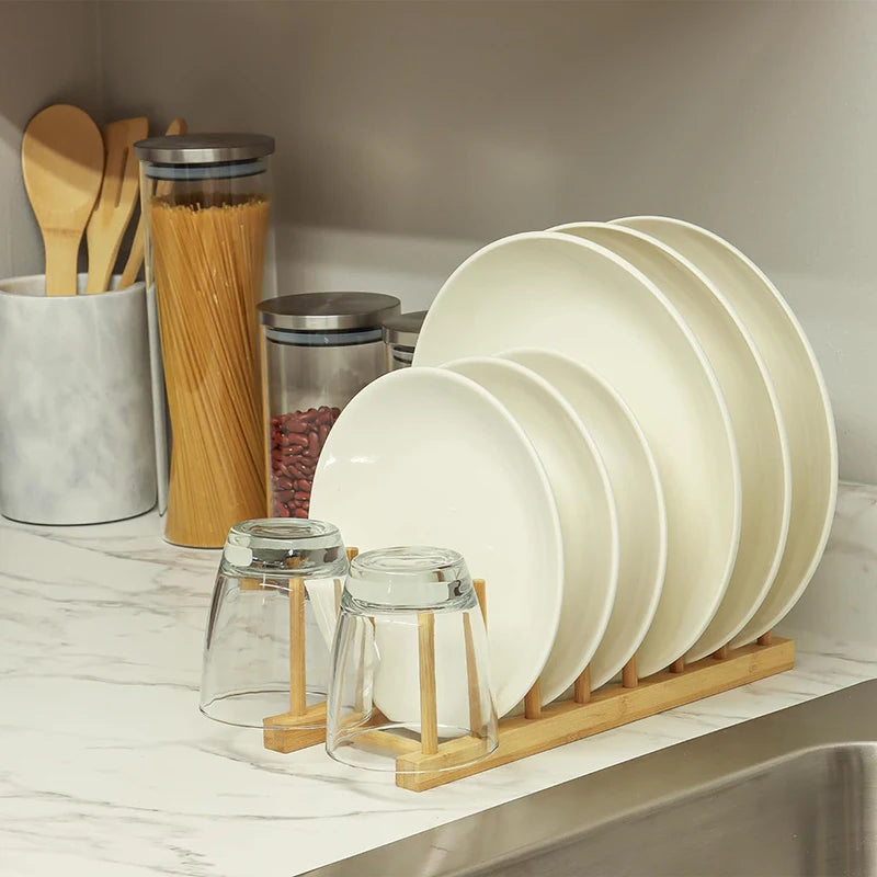 Dish Drainer Plate Rack Bamboo Shelf Cups Display Stand Drainer Holder Pan Cover Drying Organizer Kitchen Accessory