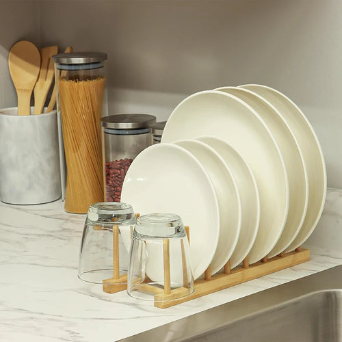 Dish Drainer Plate Rack Bamboo Shelf Cups Display Stand Drainer Holder Pan Cover Drying Organizer Kitchen Accessory