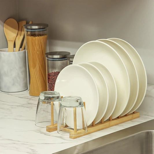 Dish Drainer Plate Rack Bamboo Shelf Cups Display Stand Drainer Holder Pan Cover Drying Organizer Kitchen Accessory