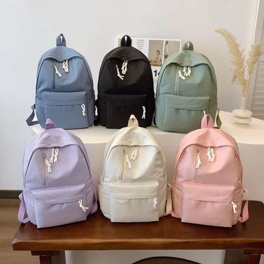 Minimalist Solid Color Laptop Backpack Women's Solid Nylon Bookbag Large Capacity Multi Pocket Adjustable Straps Campus Commute