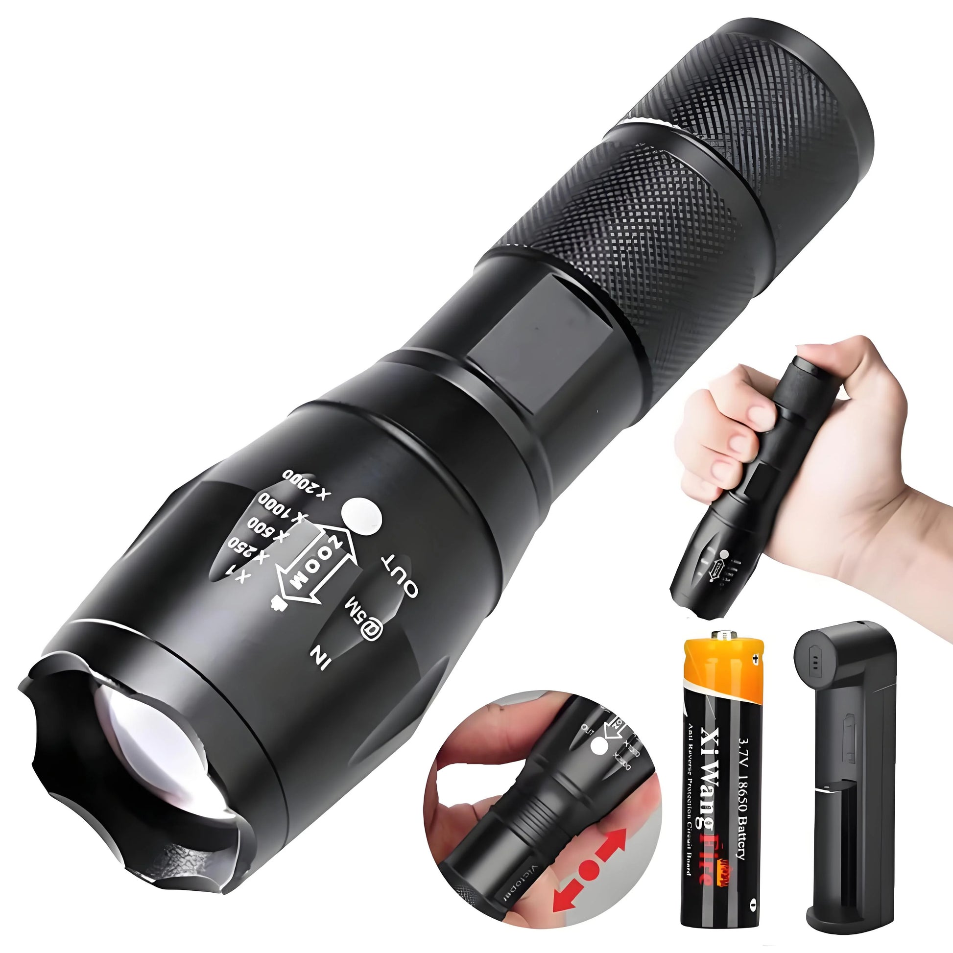 High Power T6 LED Flashlight Camping Torch 5 Light Modes Zoomable Waterproof Aluminum Alloy Body External 18650 Battery Included
