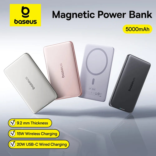 Baseus 5000mAh Magnetic Power Bank 15W Wireless 20W Wired Charging Thin Card-Sized Slim Portable Powerbank for iPhone 17 Samsung