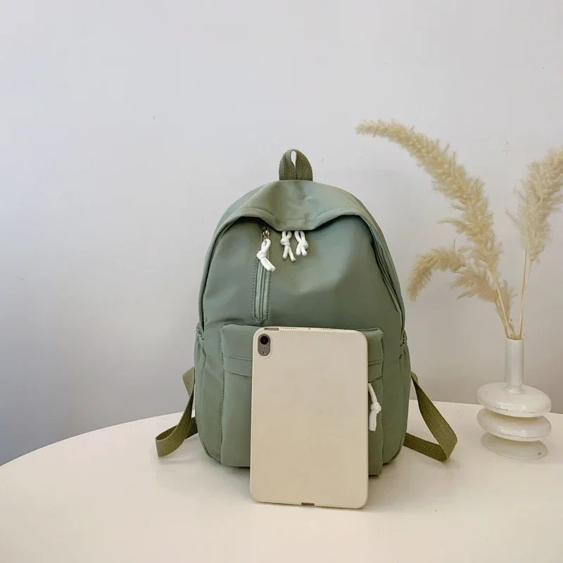 Minimalist Solid Color Laptop Backpack Women's Solid Nylon Bookbag Large Capacity Multi Pocket Adjustable Straps Campus Commute