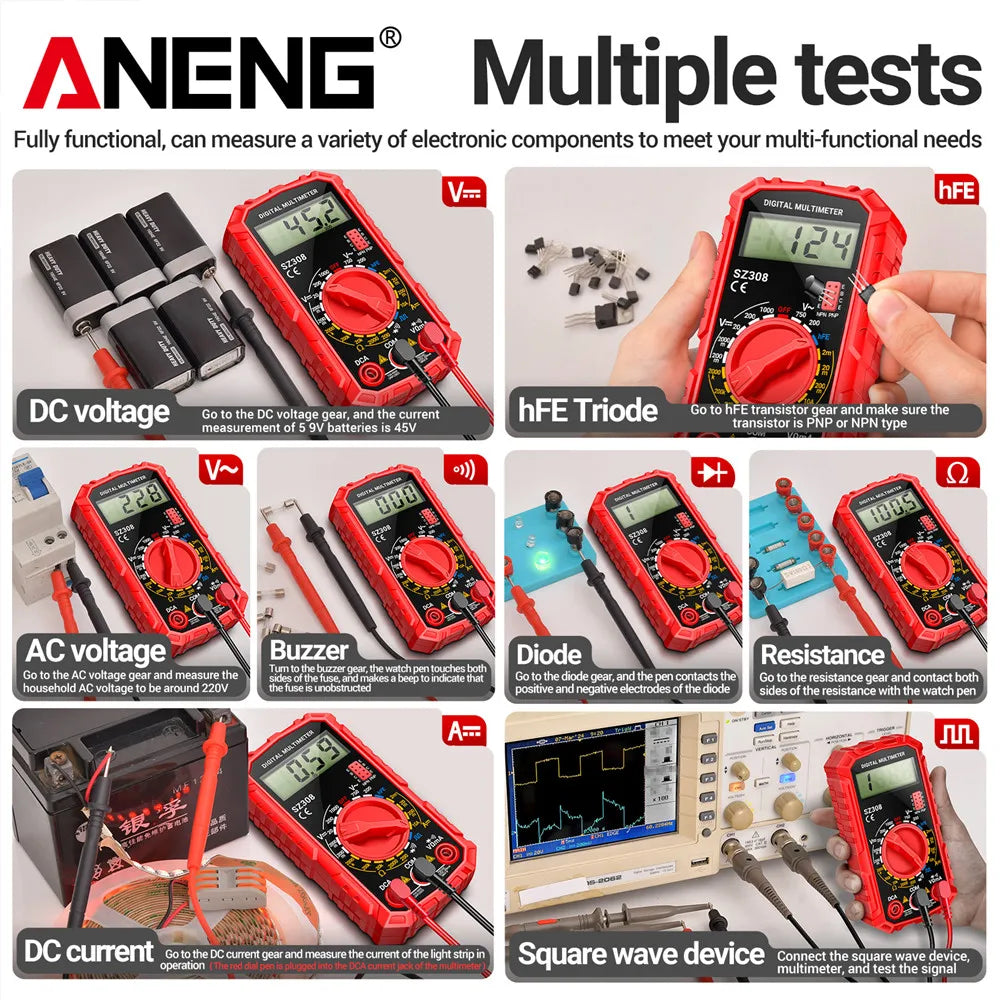 ANENG SZ 308 Square Wave Digital Tester 1999 Count HFE Triode Buzzer Multimeter AC/DC Voltage 10A Current Multimeters Meter Tool