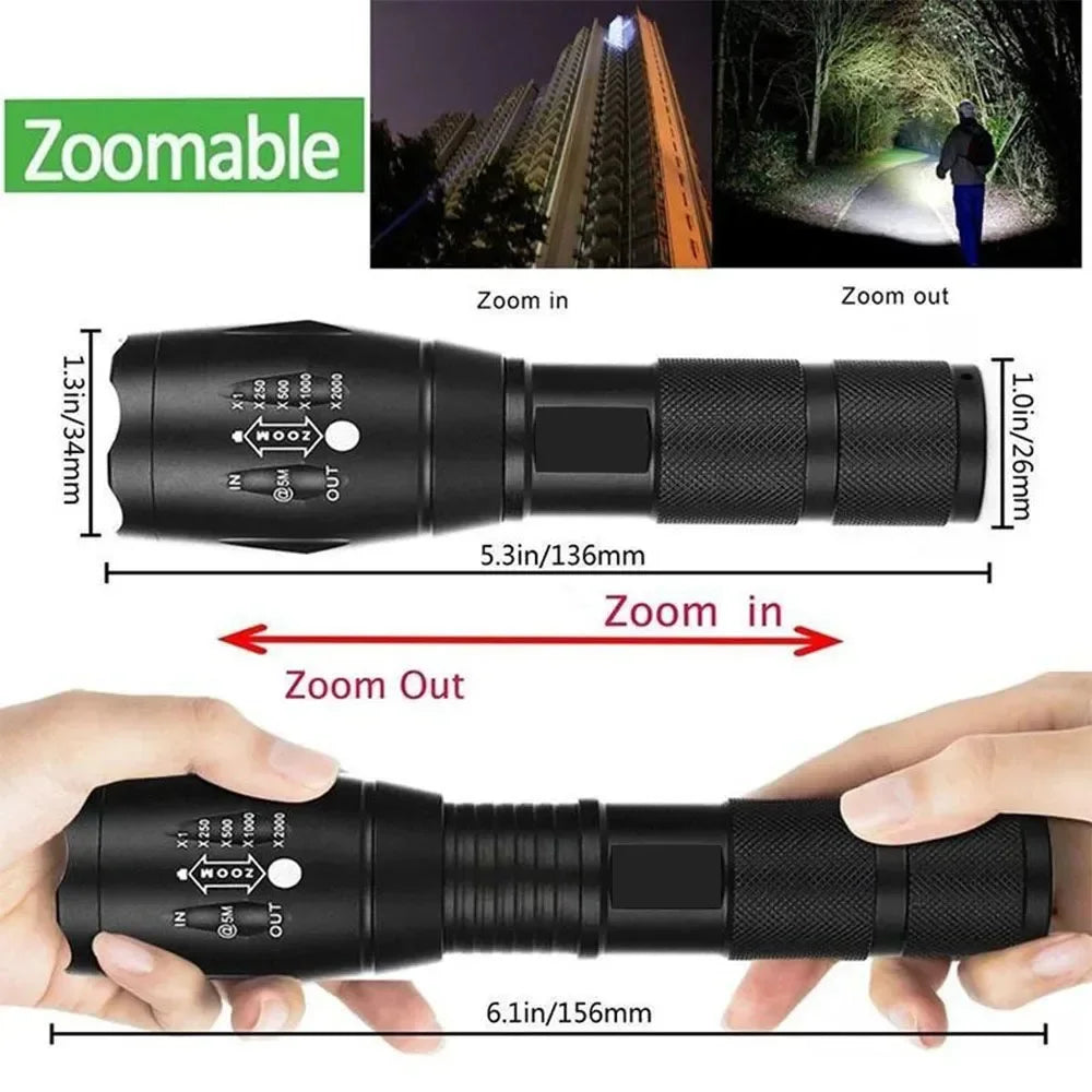 High Power T6 LED Flashlight Camping Torch 5 Light Modes Zoomable Waterproof Aluminum Alloy Body External 18650 Battery Included