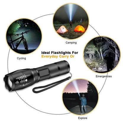 High Power T6 LED Flashlight Camping Torch 5 Light Modes Zoomable Waterproof Aluminum Alloy Body External 18650 Battery Included