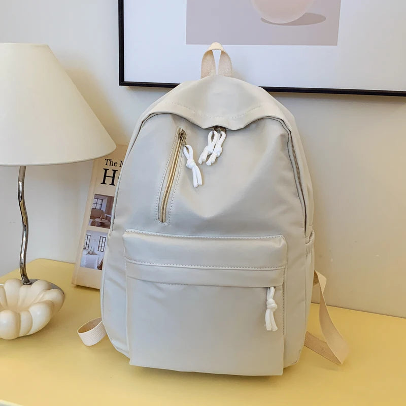 Minimalist Solid Color Laptop Backpack Women's Solid Nylon Bookbag Large Capacity Multi Pocket Adjustable Straps Campus Commute