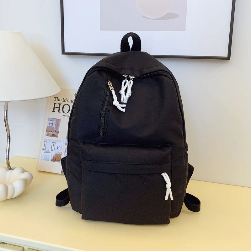 Minimalist Solid Color Laptop Backpack Women's Solid Nylon Bookbag Large Capacity Multi Pocket Adjustable Straps Campus Commute