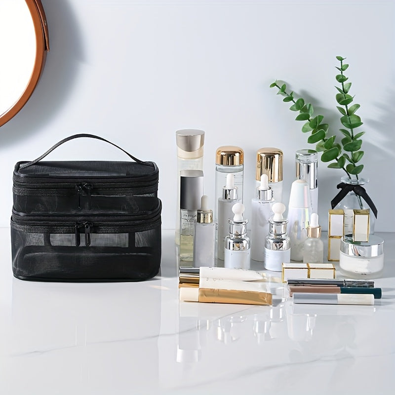 Double Layer Cosmetic Bag Toiletry Bag Travel Mesh Cosmetic Storage Bag Large Capacity Beauty Case Makeup Organizer With Handle