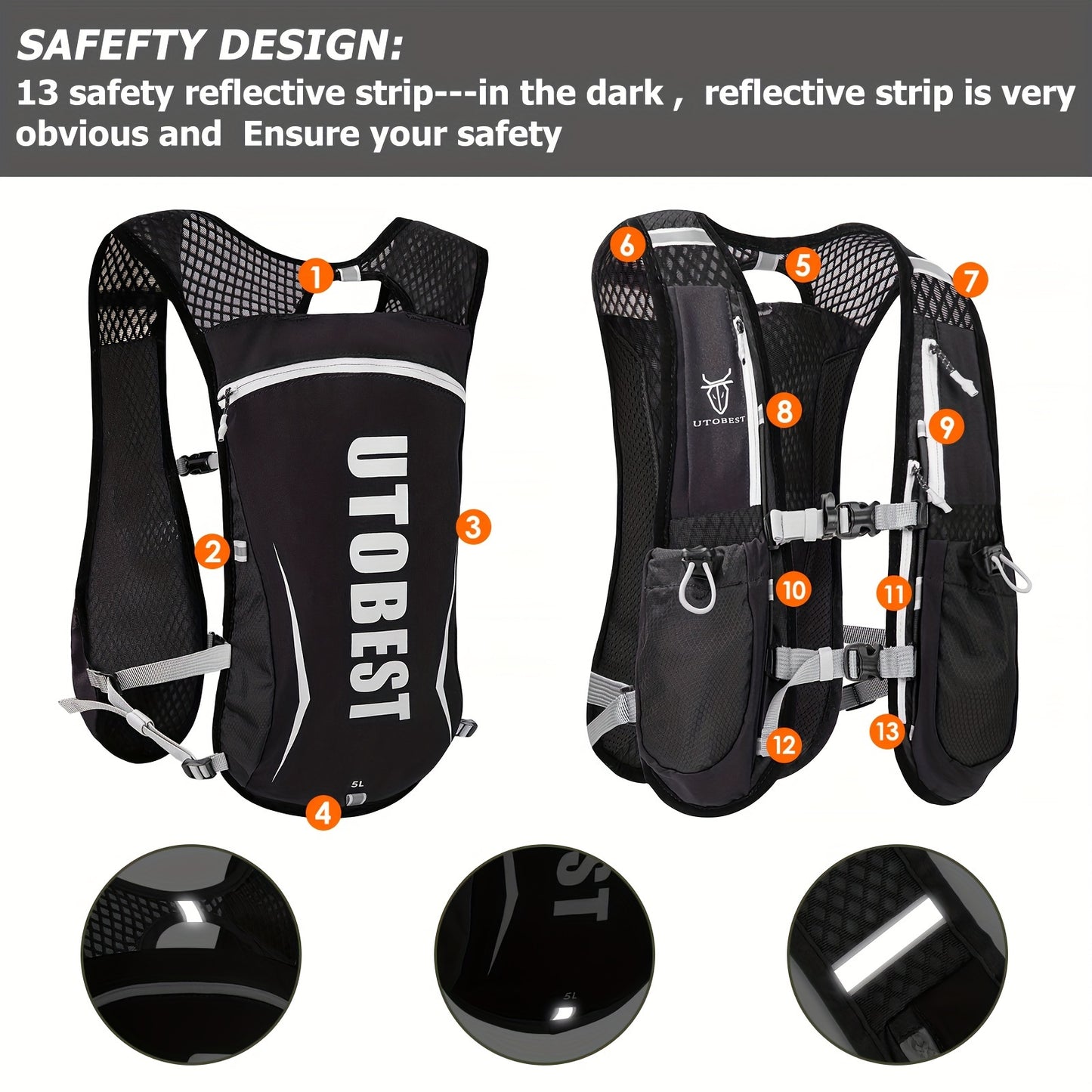UTOBEST Lightweight Running Vest & Hydration Pack - Ultra-Lightweight Breathable Running Backpack with Hydration System, Adjustable Straps & Zippered Pockets - for