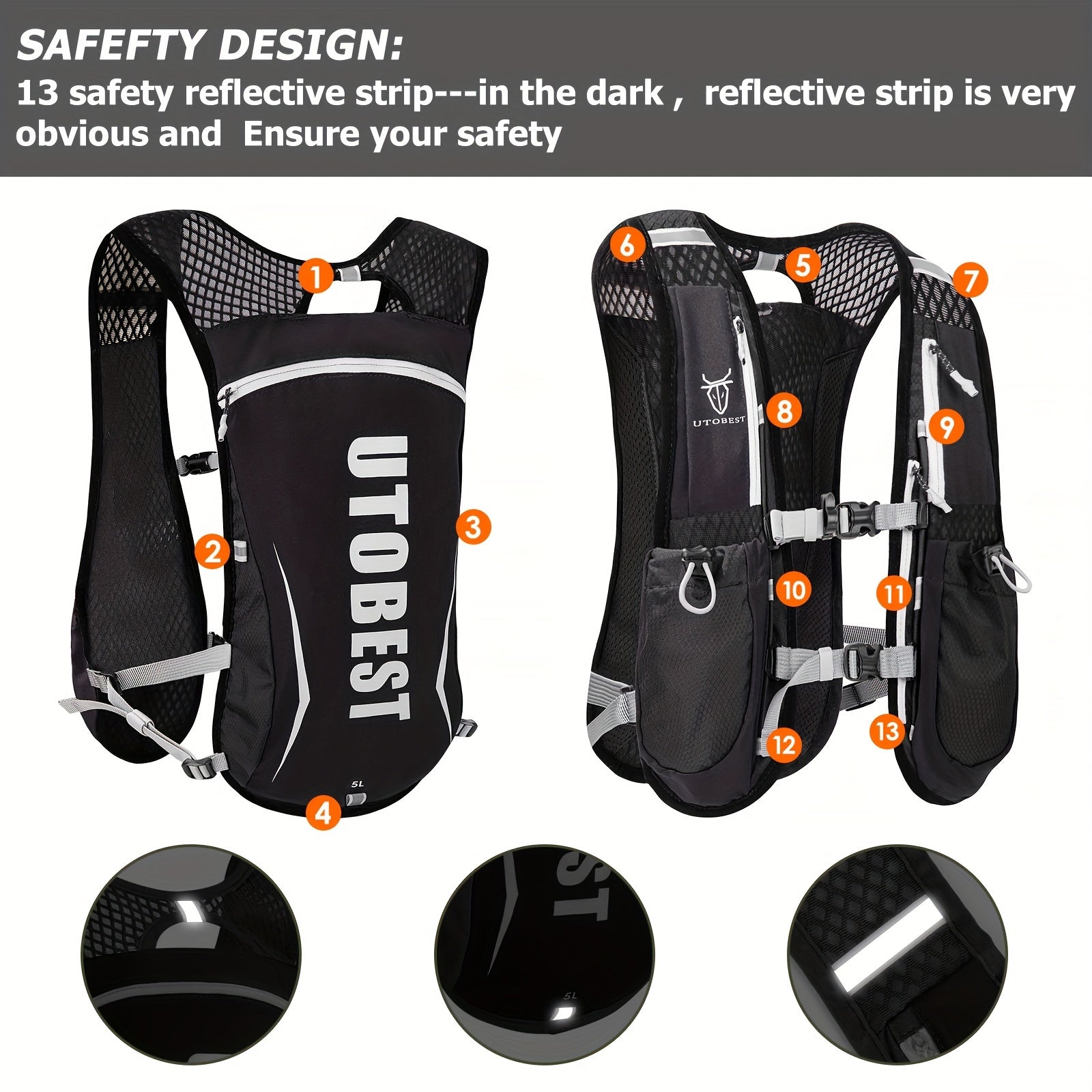 UTOBEST Lightweight Running Vest & Hydration Pack - Ultra-Lightweight Breathable Running Backpack with Hydration System, Adjustable Straps & Zippered Pockets - for