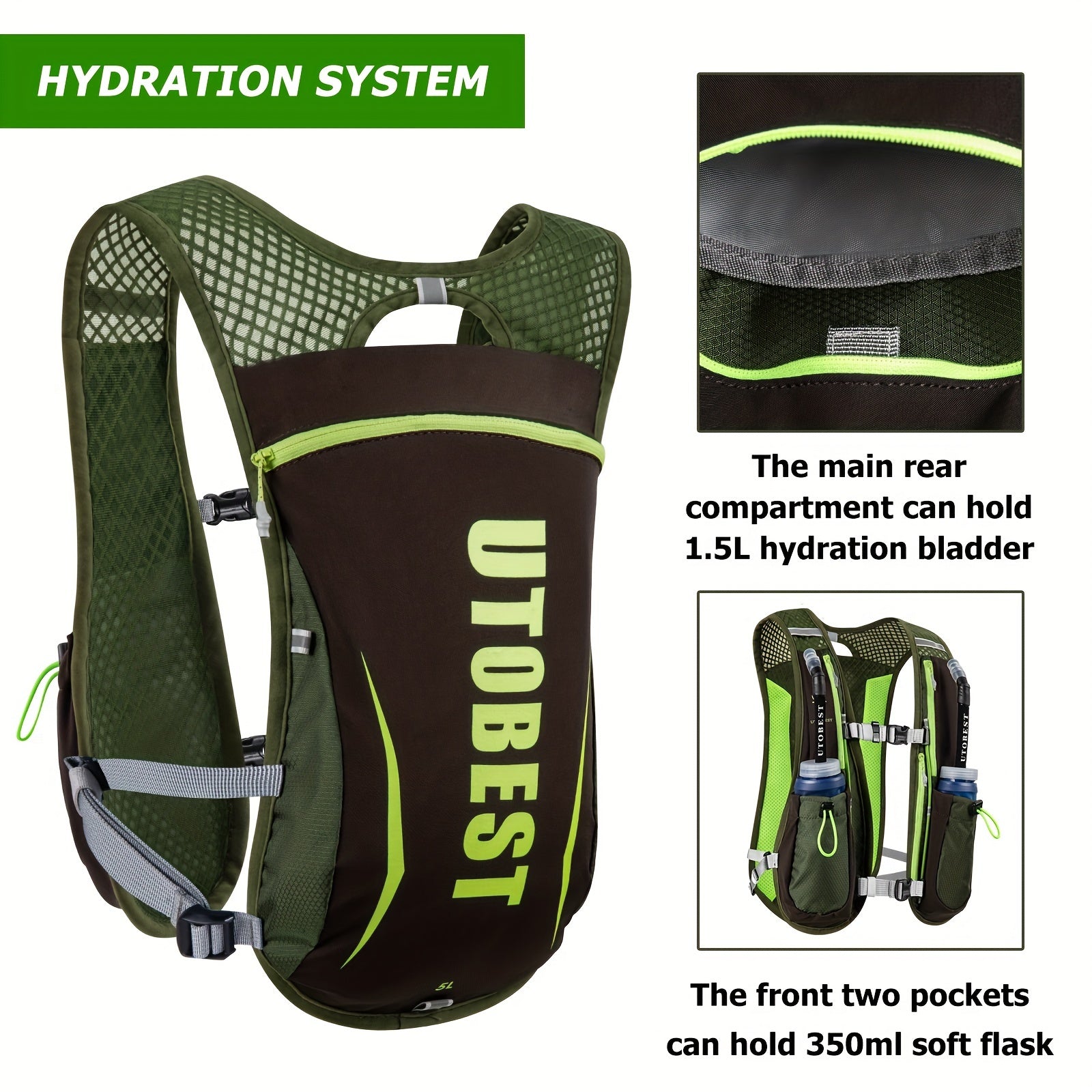 UTOBEST Lightweight Running Vest & Hydration Pack - Ultra-Lightweight Breathable Running Backpack with Hydration System, Adjustable Straps & Zippered Pockets - for