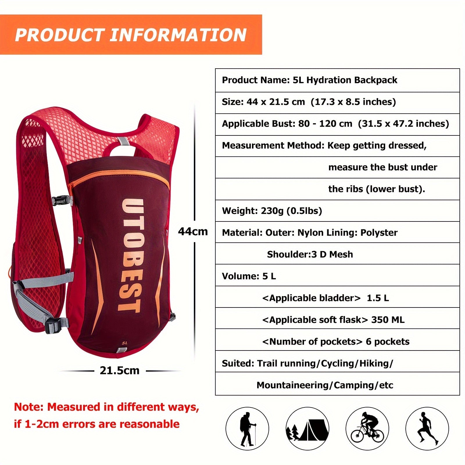 UTOBEST Lightweight Running Vest & Hydration Pack - Ultra-Lightweight Breathable Running Backpack with Hydration System, Adjustable Straps & Zippered Pockets - for