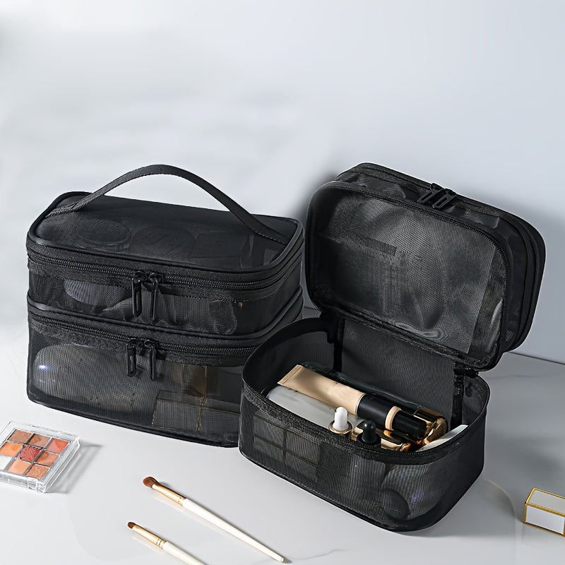 Double Layer Cosmetic Bag Toiletry Bag Travel Mesh Cosmetic Storage Bag Large Capacity Beauty Case Makeup Organizer With Handle