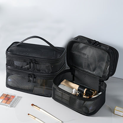 Double Layer Cosmetic Bag Toiletry Bag Travel Mesh Cosmetic Storage Bag Large Capacity Beauty Case Makeup Organizer With Handle