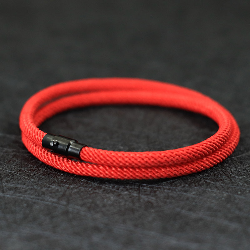 Noter Men's Minimalist Magnetic Nylon Cord Bracelet - Red & Black Casual Elastic Wristband for Casual Attire, Durable Comfortable Stylish Accessory