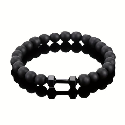 Men's Matte Black Obsidian Bead Bracelet - Heavy Duty Interlocking Link Design, -Free Sporty Black Stone Chain for Gym, Casual & Formal Wear - All-Season Durable Men's Jewelry for Strength & Elegance (No Coating, Natural Obsidian) - Ideal for Fitness & Everyday Use, Perfect for Sports & Holiday Themes, Year-Round Wear, Bold Statement Piece for Men