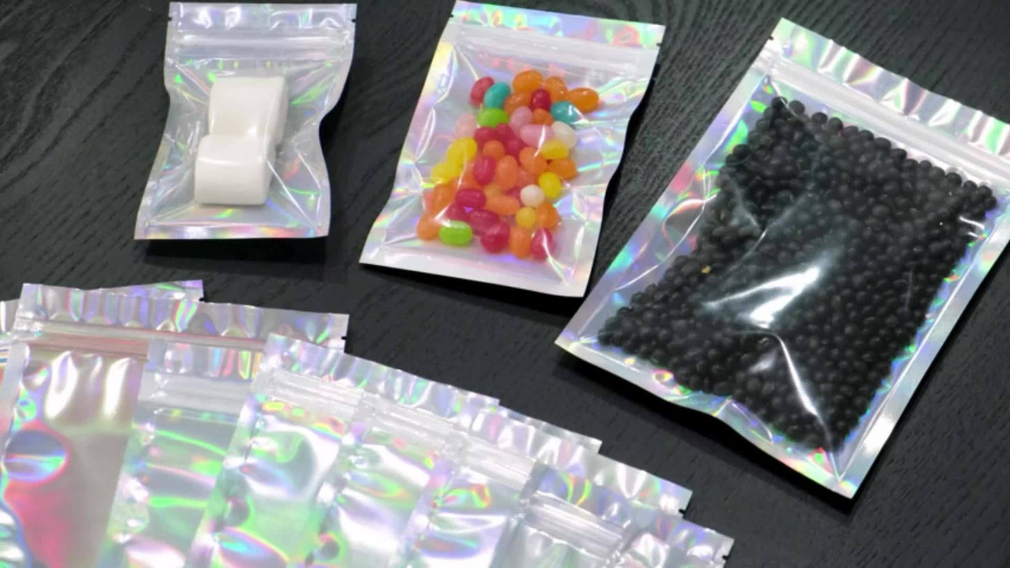 20/50pcs Resealable Smell Proof Bags, Holographic Foil Pouch Bag, Flat Zip Lock Bag For Food Candy Jewelry Screw